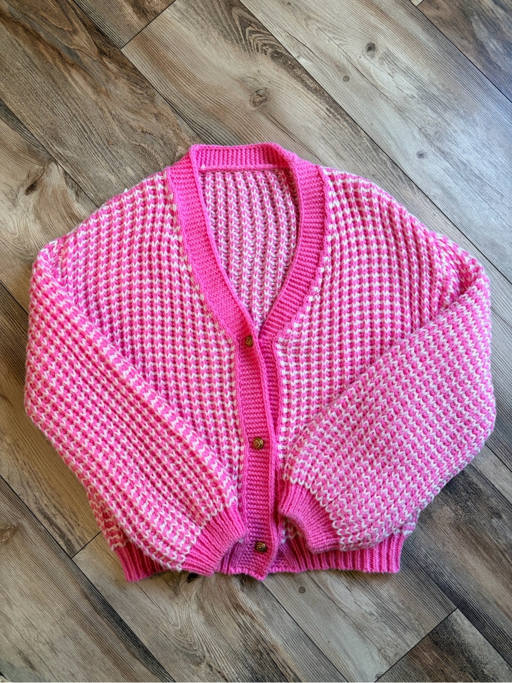 SHEIN Two-Tone Pink Waffle Knit Button Cardigan
